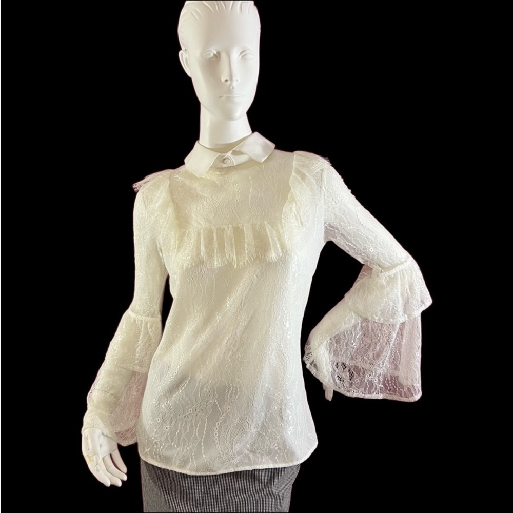 White Lace Blouse Bell Long Sleeves Button Collar